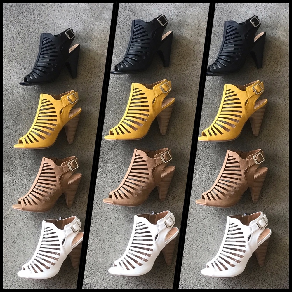 Delicious Tan Caged Strappy Peep Toe Stacked Heel - Picture 5 of 8